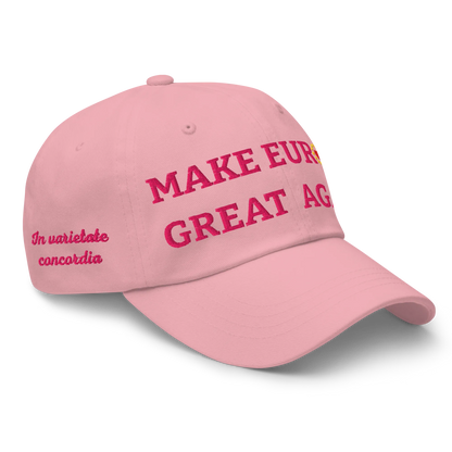 Monochrome Pink "Make Europe Great Again" / MEGA Cap with "Show the Love for Europe" emblem in full color Right Front View
