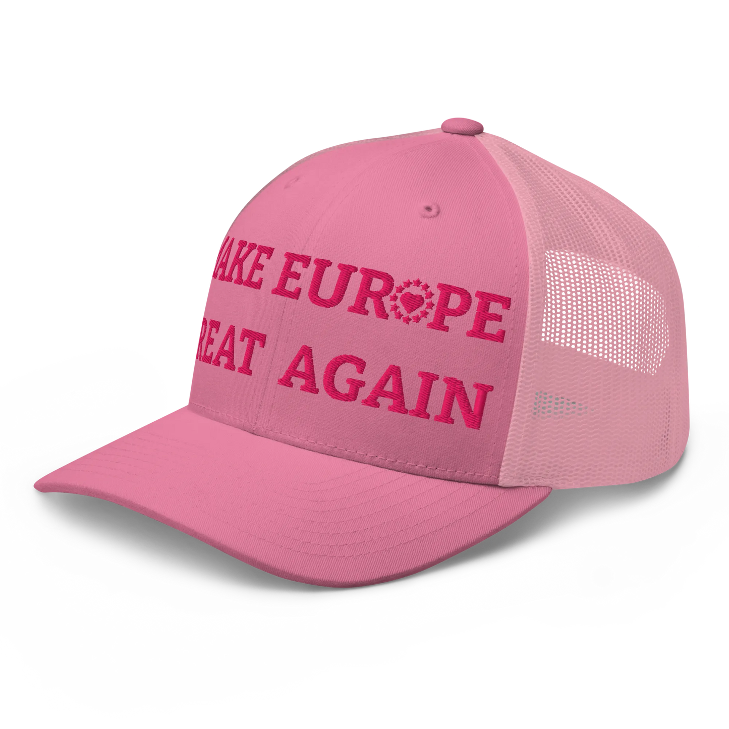 Monochrome Pink "Make Europe Great Again" / MEGA Trucker Cap with "Show the Love for Europe" emblem Left Front View
