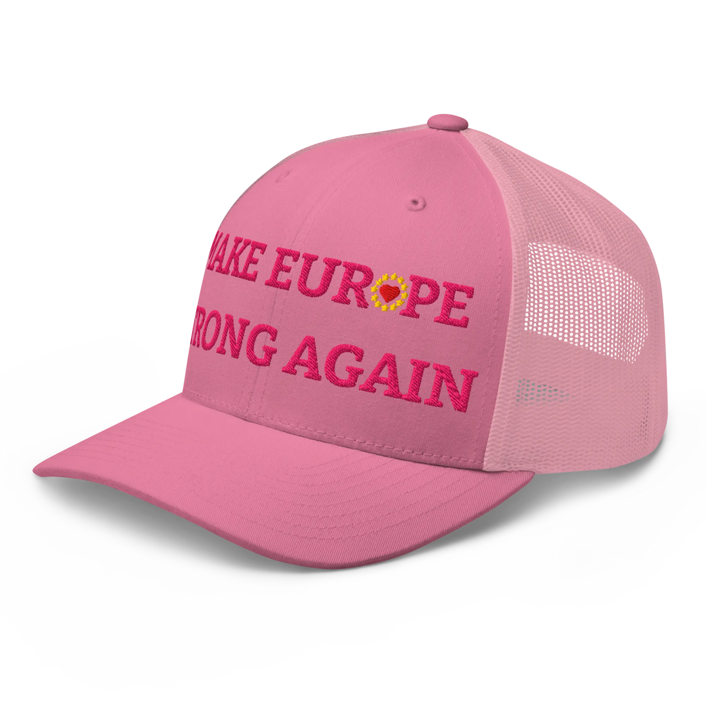 Monochrome Pink "Make Europe Strong Again" / MESA Trucker Cap with "Show the Love for Europe" emblem in full color Left Front View