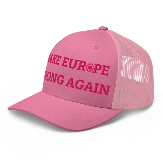 Monochrome Pink "Make Europe Strong Again" / MESA Trucker Cap with "Show the Love for Europe" emblem Left Front View