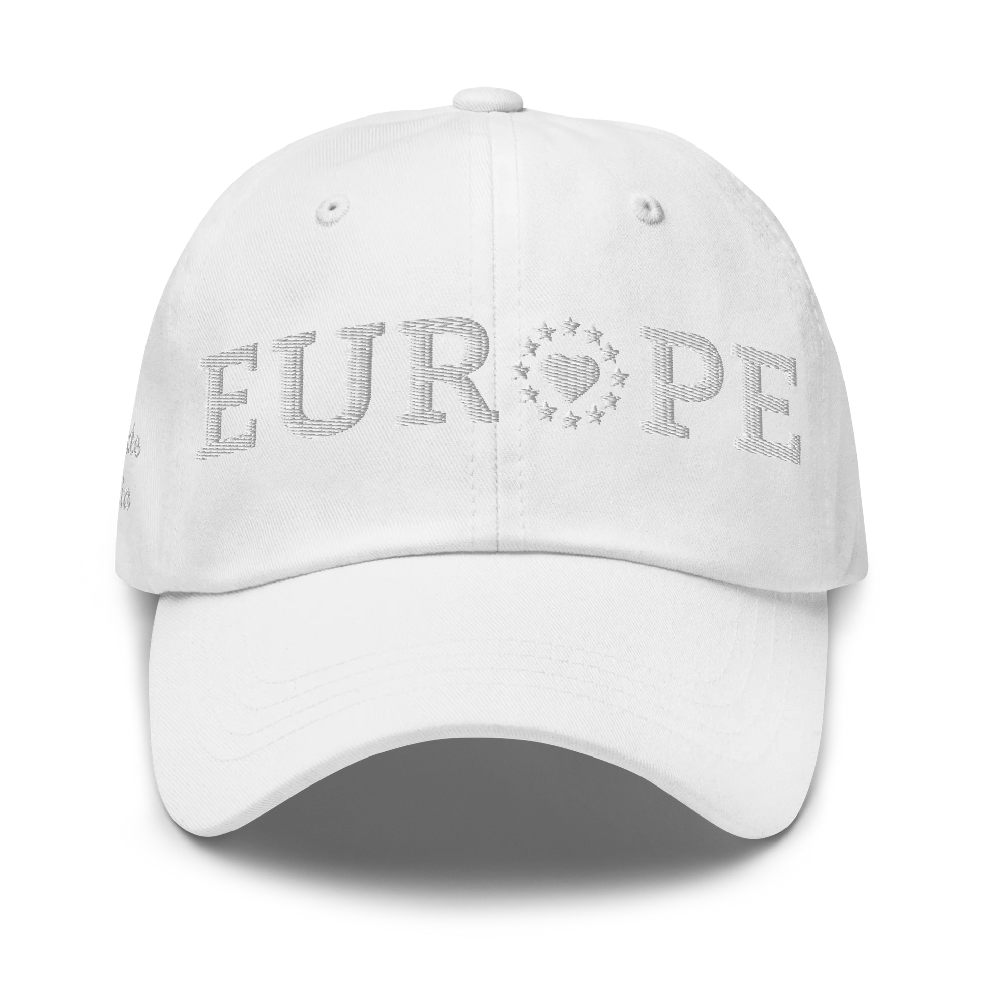 Monochrome White "EUROPE" Cap with "Show the Love for EU" emblem Front View
