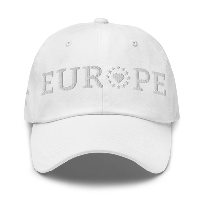 Monochrome White "EUROPE" Cap with "Show the Love for EU" emblem Front View