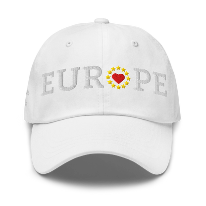 Monochrome White "EUROPE" Cap with "Show the Love for EU" emblem in full color Front View
