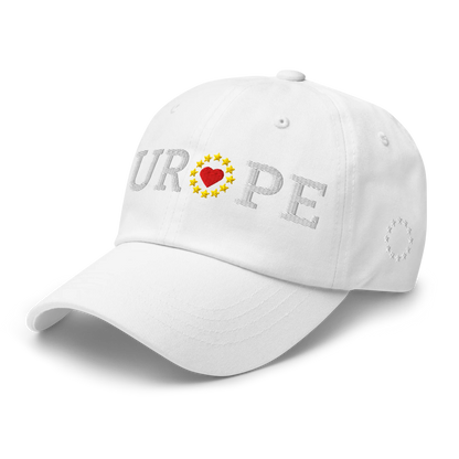 Monochrome White "EUROPE" Cap with "Show the Love for EU" emblem in full color Left Front View