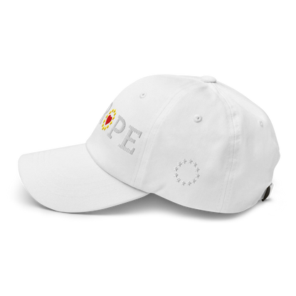 Monochrome White "EUROPE" Cap with "Show the Love for EU" emblem in full color Left View