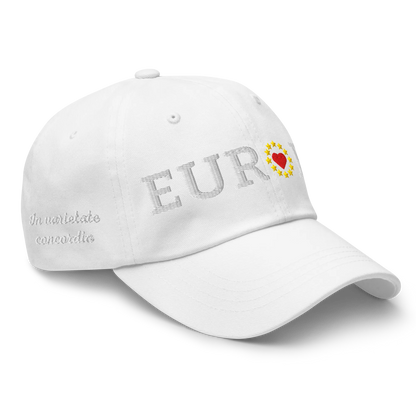 Monochrome White "EUROPE" Cap with "Show the Love for EU" emblem in full color Right Front View