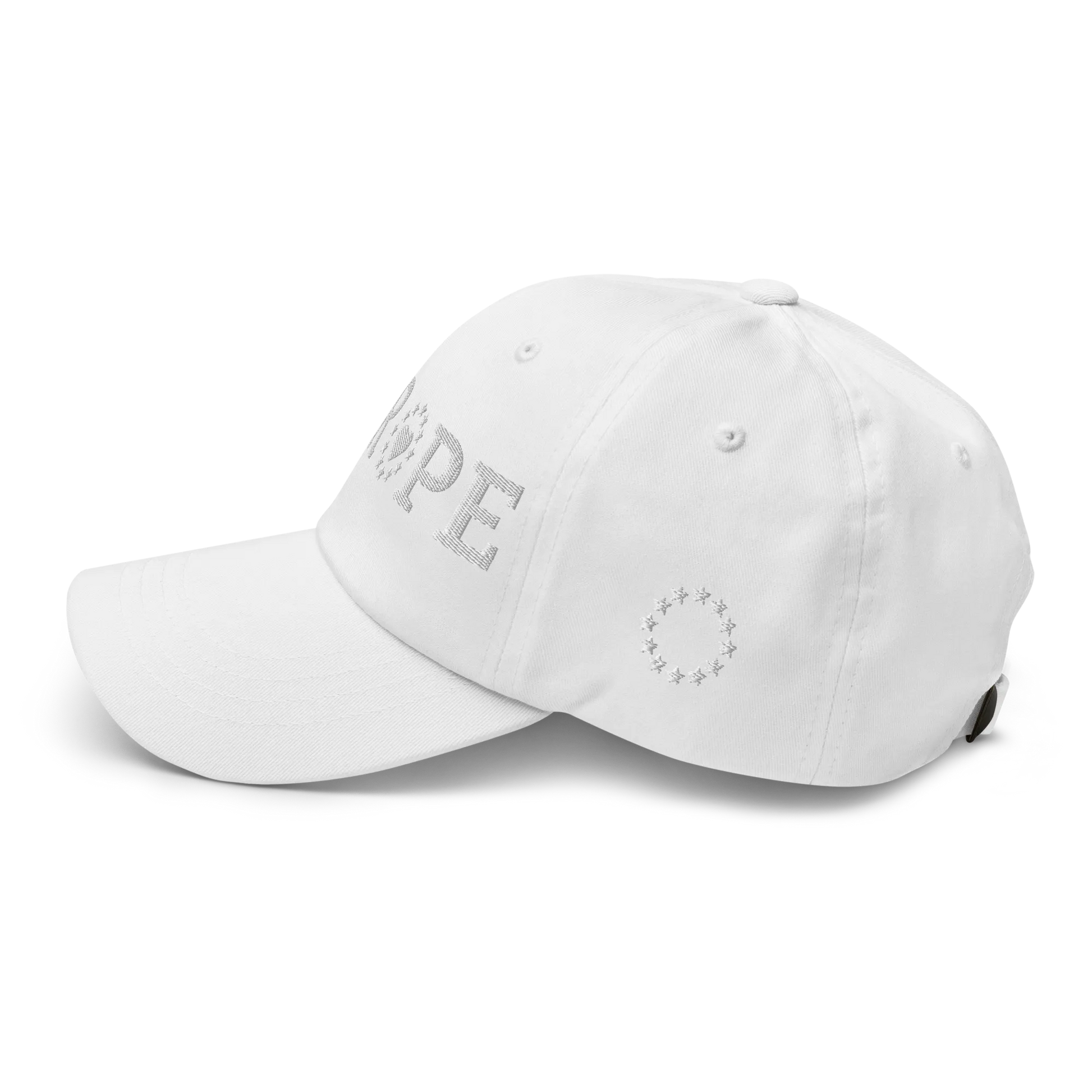 Monochrome White "EUROPE" Cap with "Show the Love for EU" emblem Left View