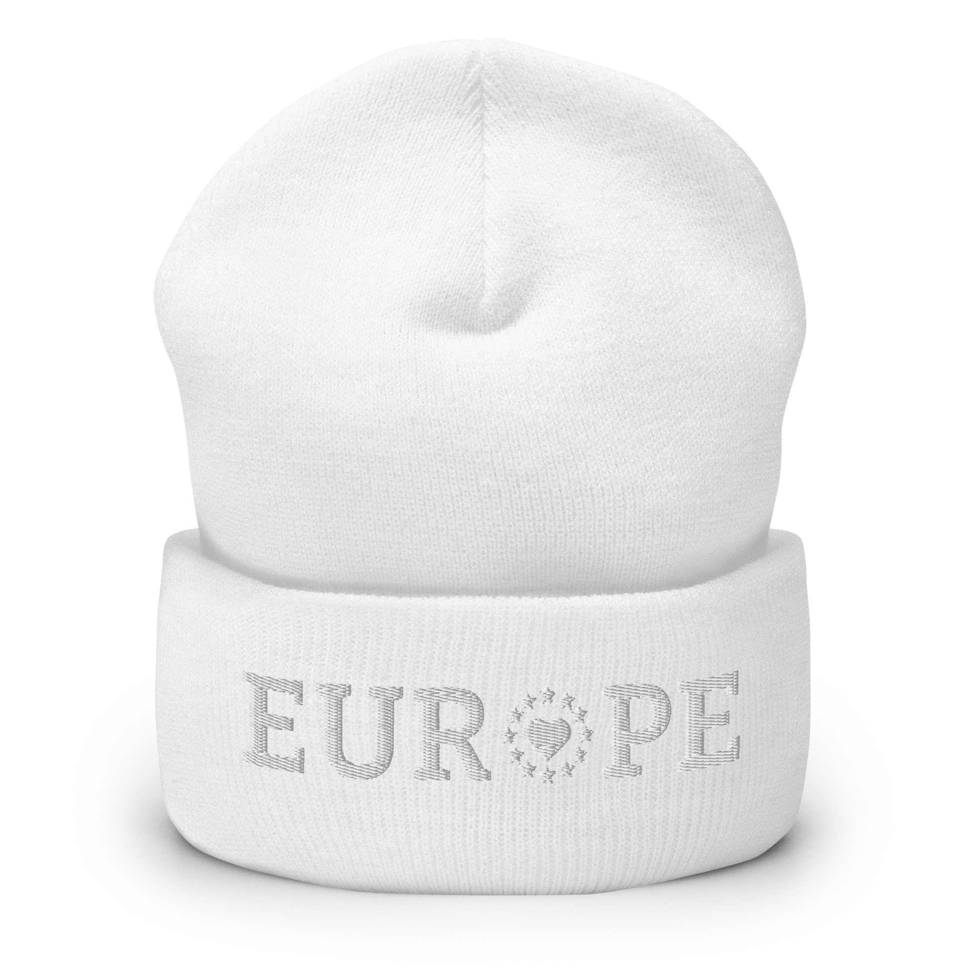 Monochrome White "EUROPE" Cuffed Beanie with "Show the Love for EU" emblem Front View