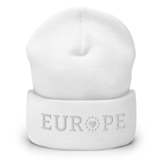 Monochrome White "EUROPE" Cuffed Beanie with "Show the Love for EU" emblem Front View