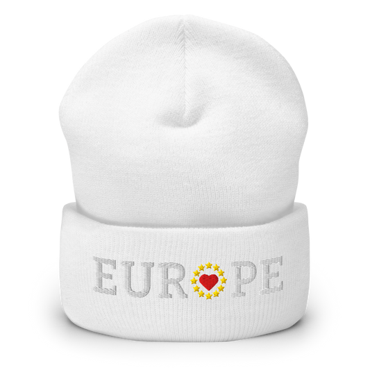 Monochrome White "EUROPE" Cuffed Beanie with "Show the Love for EU" emblem in full color Front View