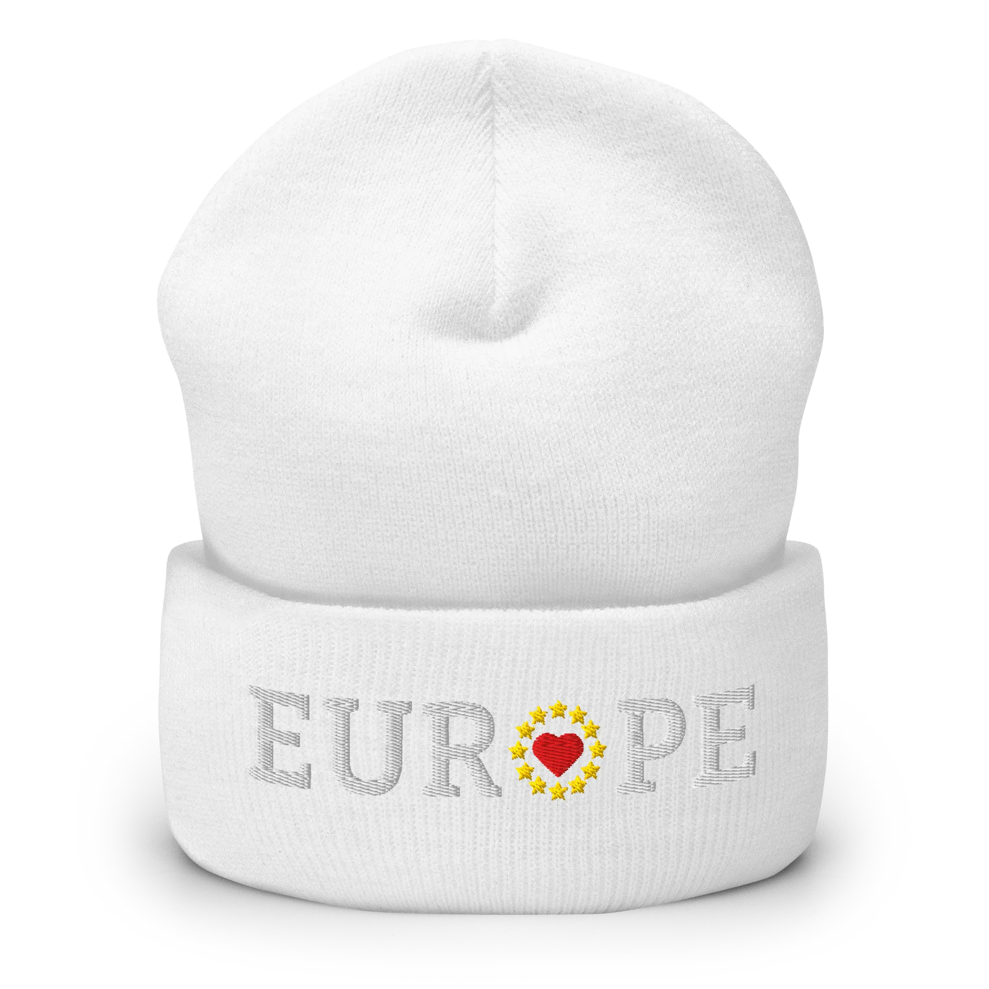 Monochrome White "EUROPE" Cuffed Beanie with "Show the Love for Europe" emblem in full color Front View