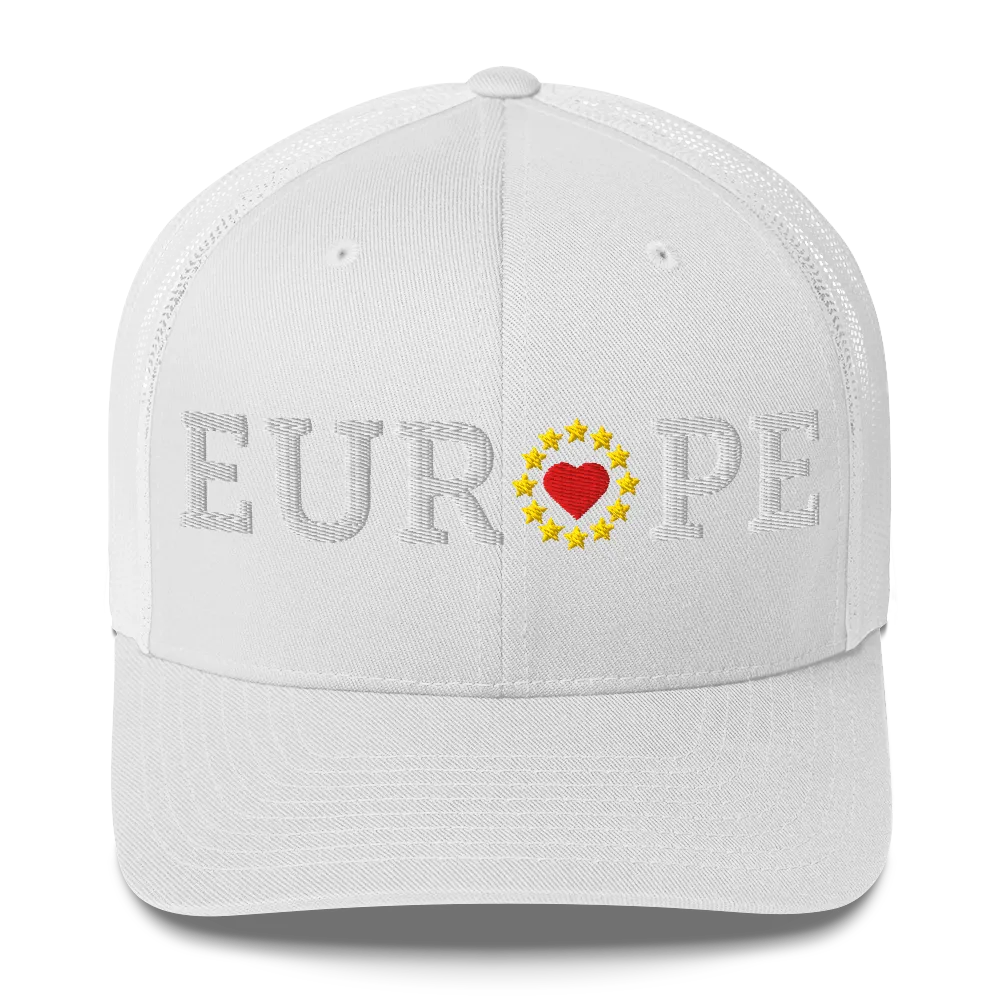 Monochrome White "EUROPE" Trucker Cap with "Show the Love for EU" emblem in full color Front View