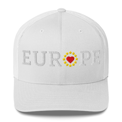 Monochrome White "EUROPE" Trucker Cap with "Show the Love for EU" emblem in full color Front View