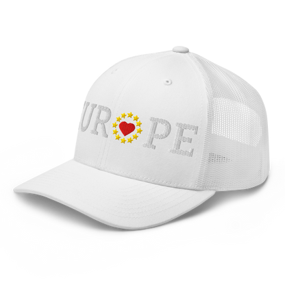 Monochrome White "EUROPE" Trucker Cap with "Show the Love for EU" emblem in full color Left Front View