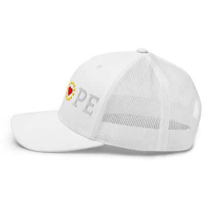 Monochrome White "EUROPE" Trucker Cap with "Show the Love for EU" emblem in full color Left View