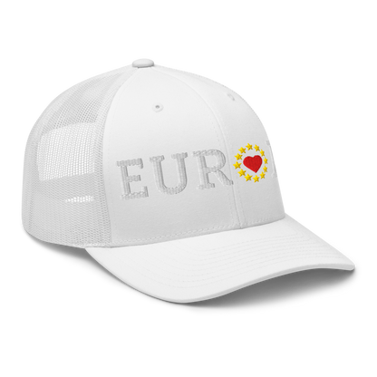 Monochrome White "EUROPE" Trucker Cap with "Show the Love for EU" emblem in full color Right Front View