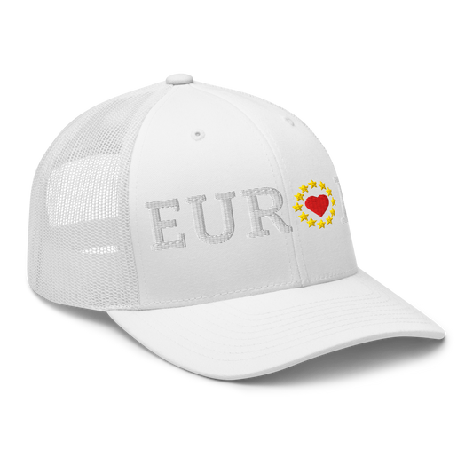 Monochrome White "EUROPE" Trucker Cap with "Show the Love for EU" emblem in full color Right Front View