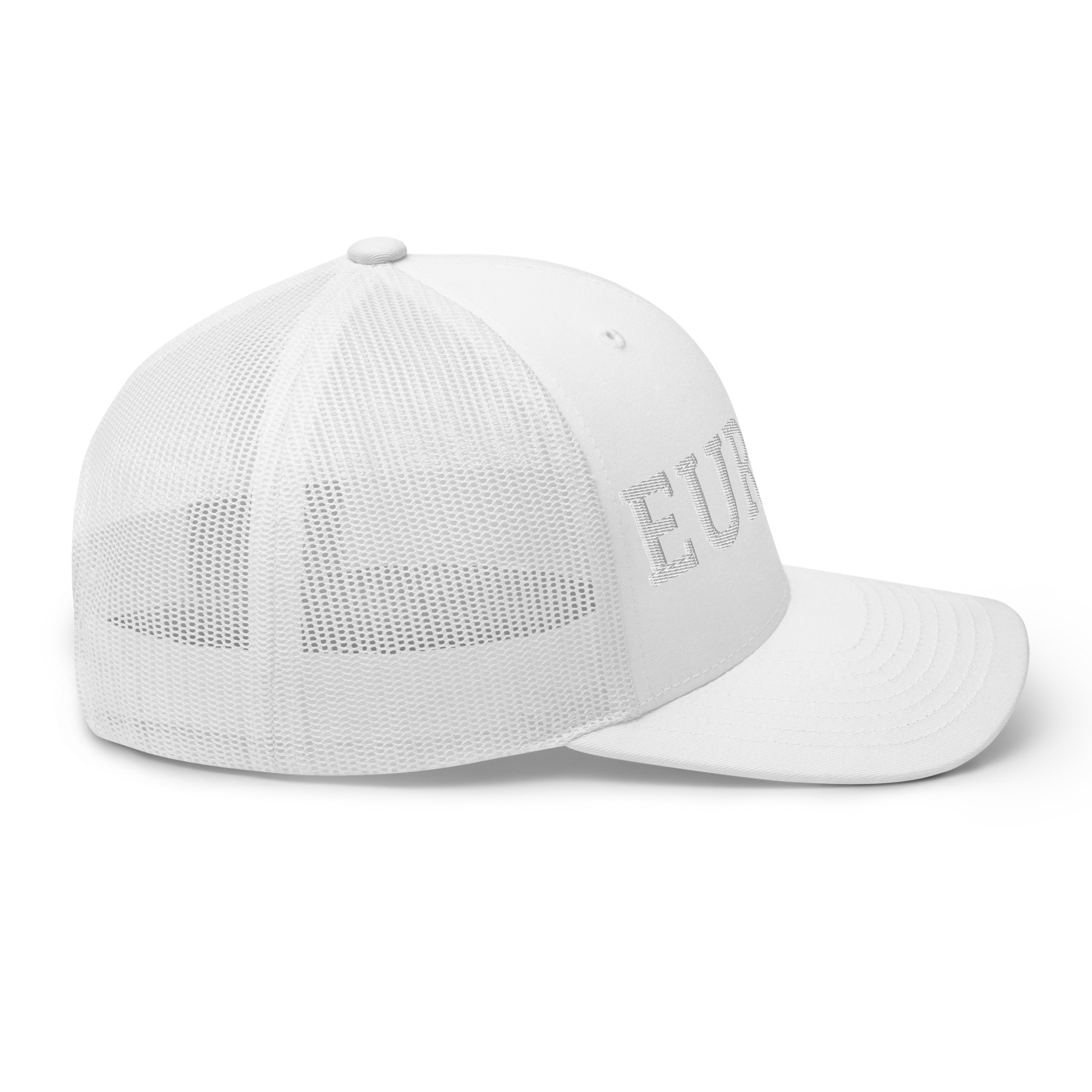 Monochrome White "EUROPE" Trucker Cap with "Show the Love for EU" emblem in full color Right View