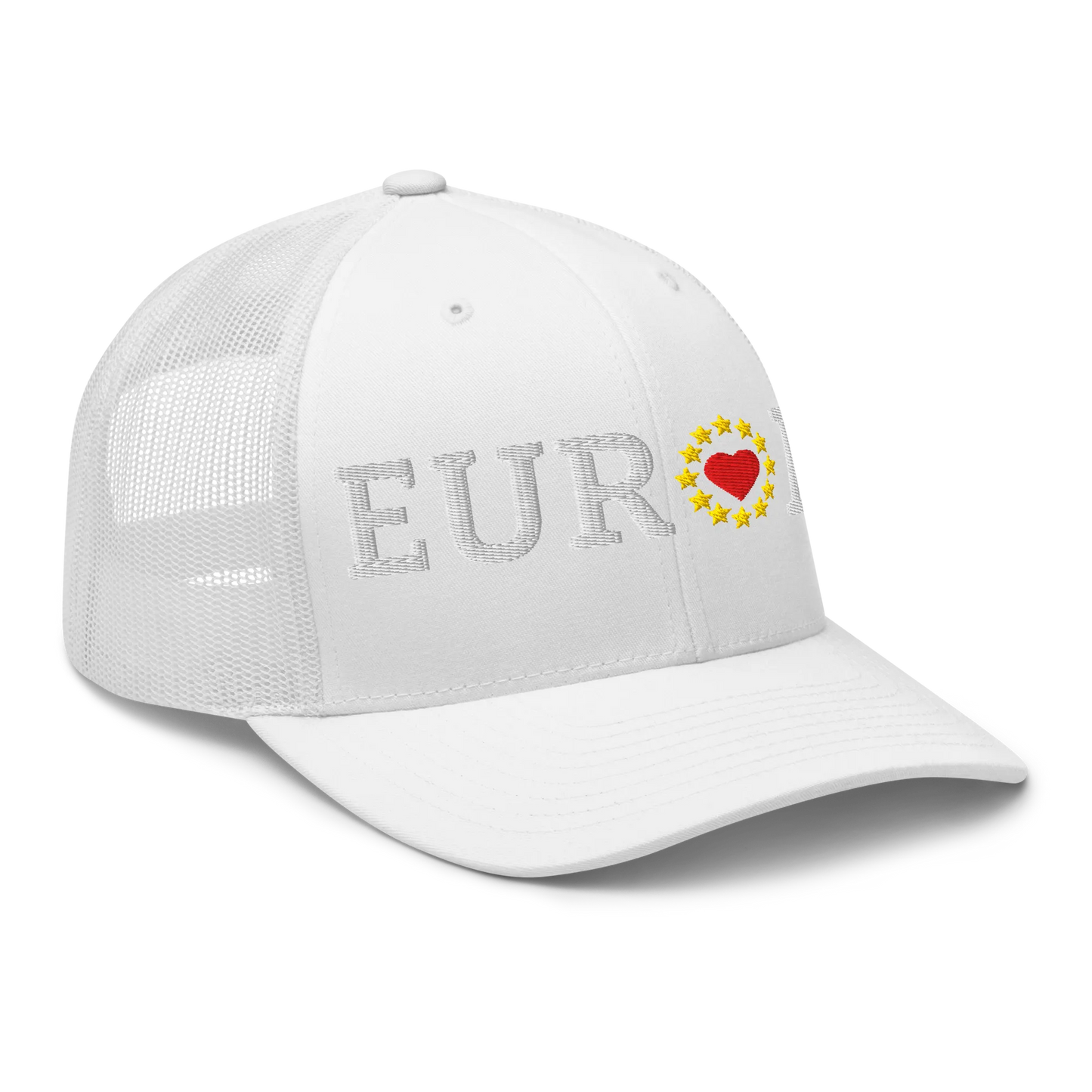 Monochrome White "EUROPE" Trucker Cap with "Show the Love for Europe" emblem in full color Right Front View