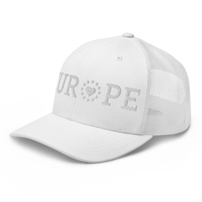 Monochrome White "EUROPE" Trucker Cap with "Show the Love for Europe" emblem Left Front View