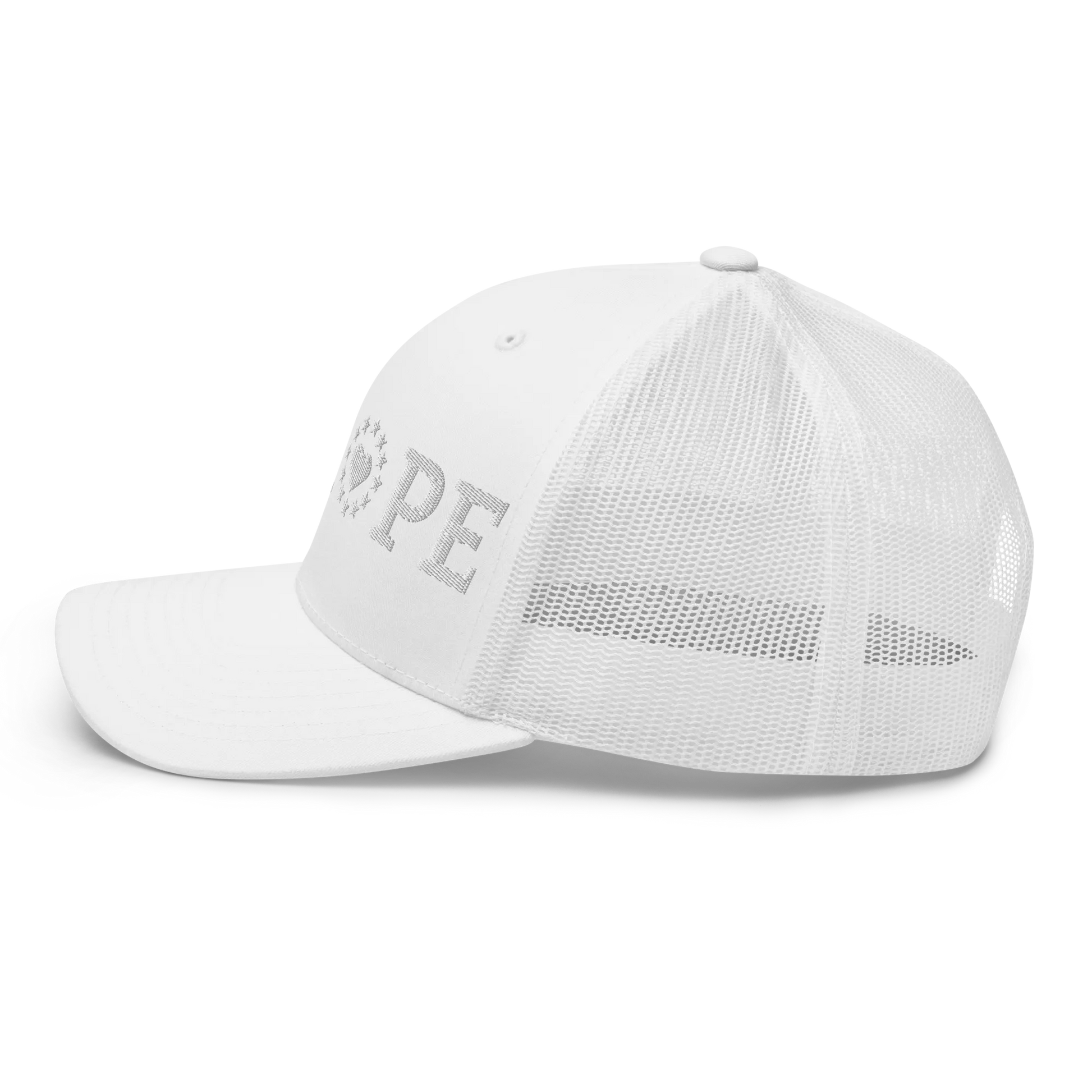 Monochrome White "EUROPE" Trucker Cap with "Show the Love for Europe" emblem Left View