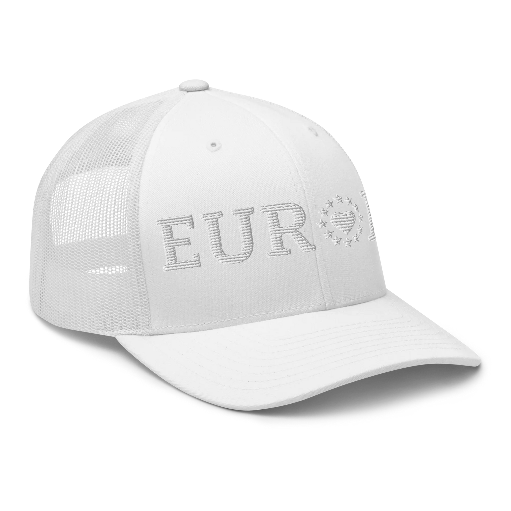 Monochrome White "EUROPE" Trucker Cap with "Show the Love for Europe" emblem Right Front View