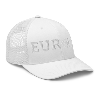 Monochrome White "EUROPE" Trucker Cap with "Show the Love for Europe" emblem Right Front View