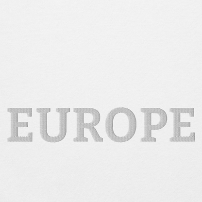 Monochrome White "EUROPE" Unisex Sweatshirt Design Close-Up View