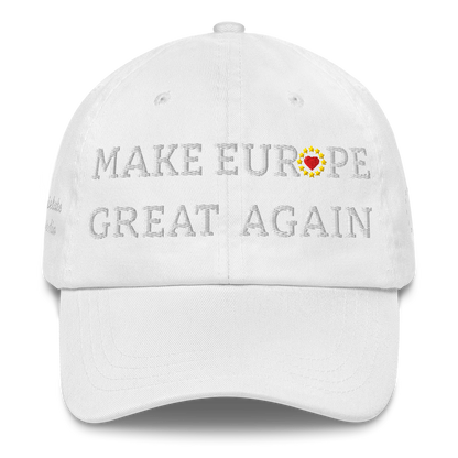 Monochrome White "Make Europe Great Again" / MEGA Cap with "Show the Love for EU" emblem in full color Front View