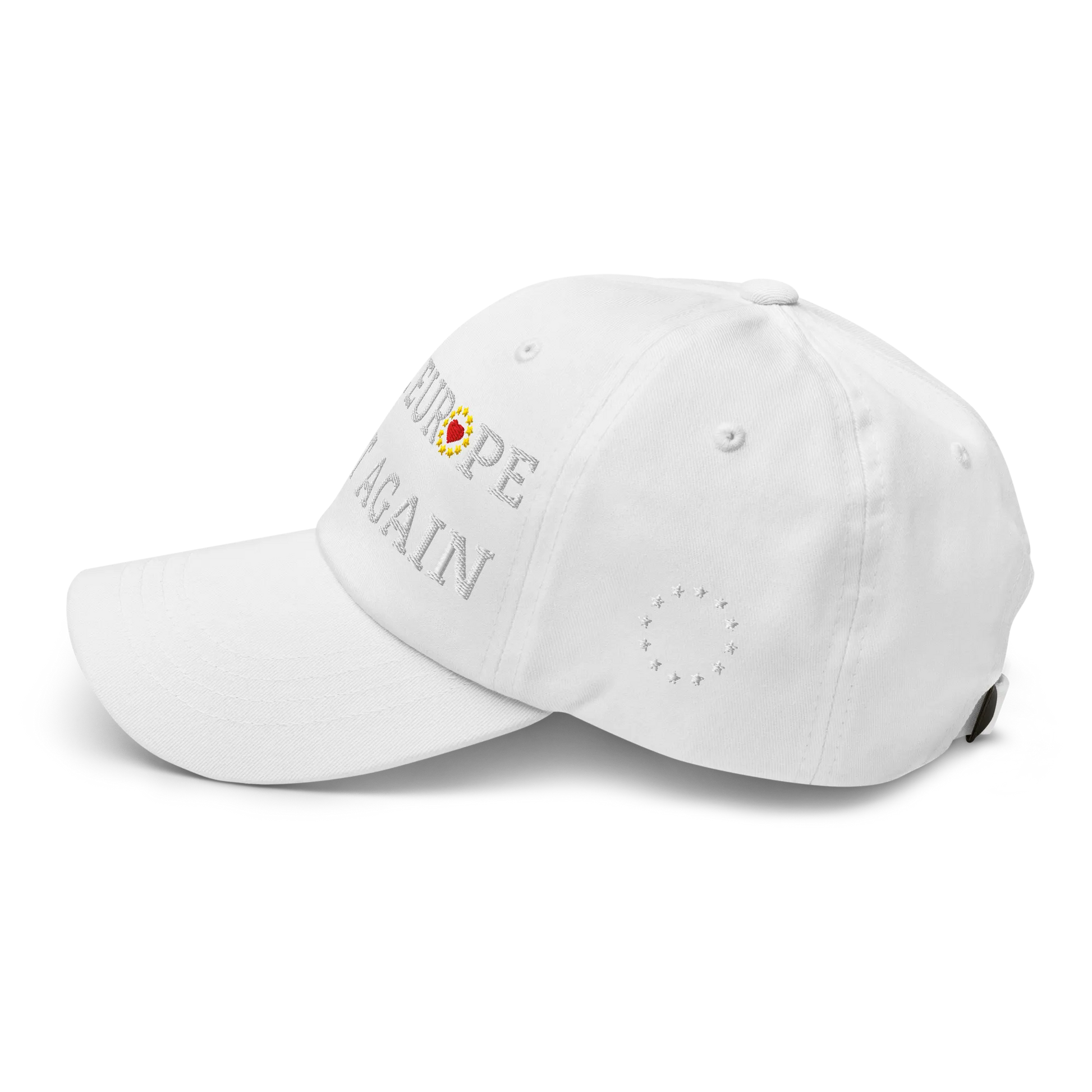 Monochrome White "Make Europe Great Again" / MEGA Cap with "Show the Love for EU" emblem in full color Left View