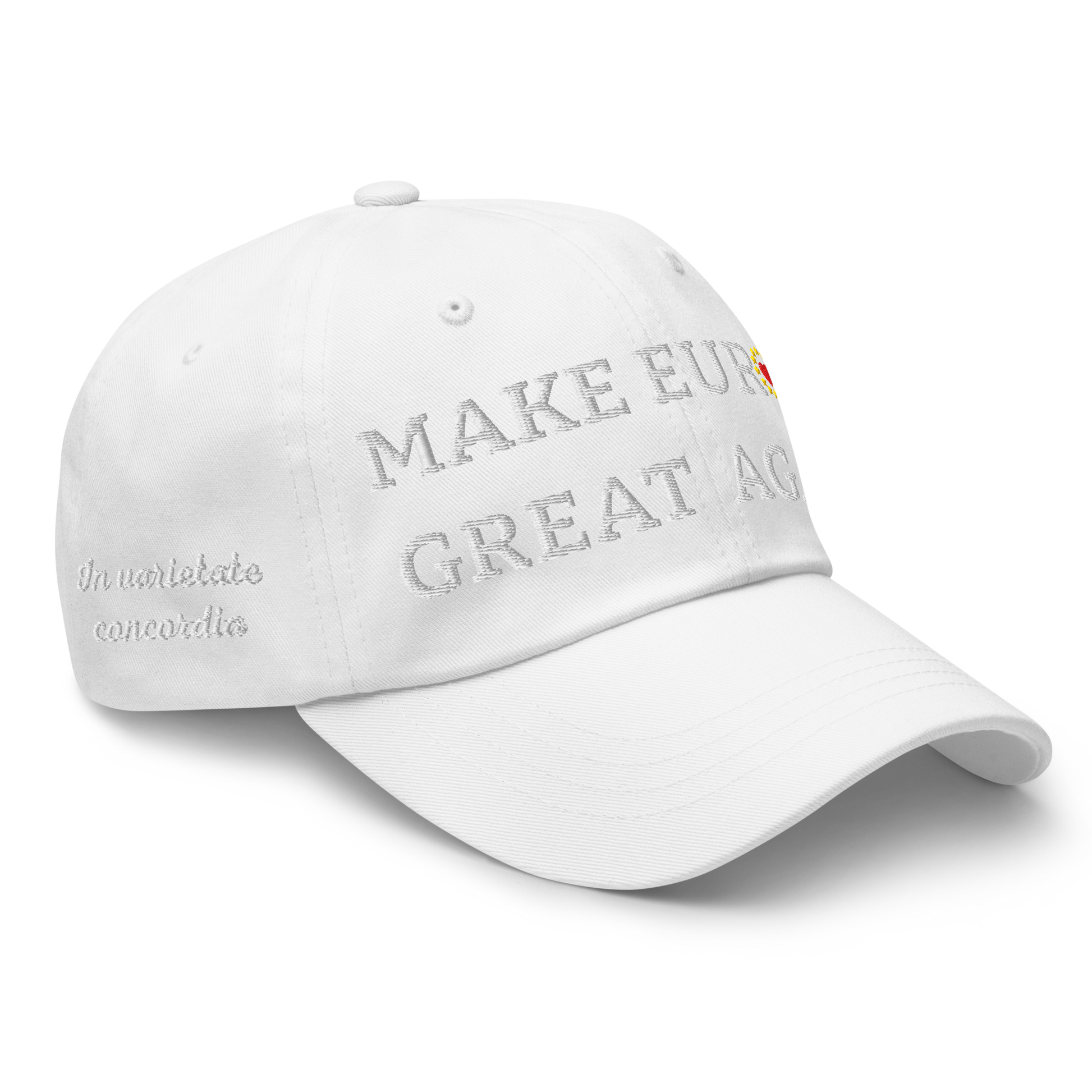 Monochrome White "Make Europe Great Again" / MEGA Cap with "Show the Love for EU" emblem in full color Right Front View