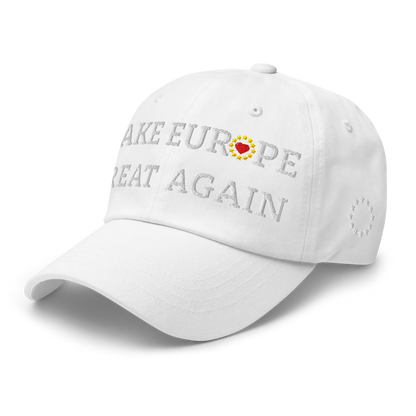 Monochrome White "Make Europe Great Again" / MEGA Cap with "Show the Love for Europe" emblem in full color Left Front View