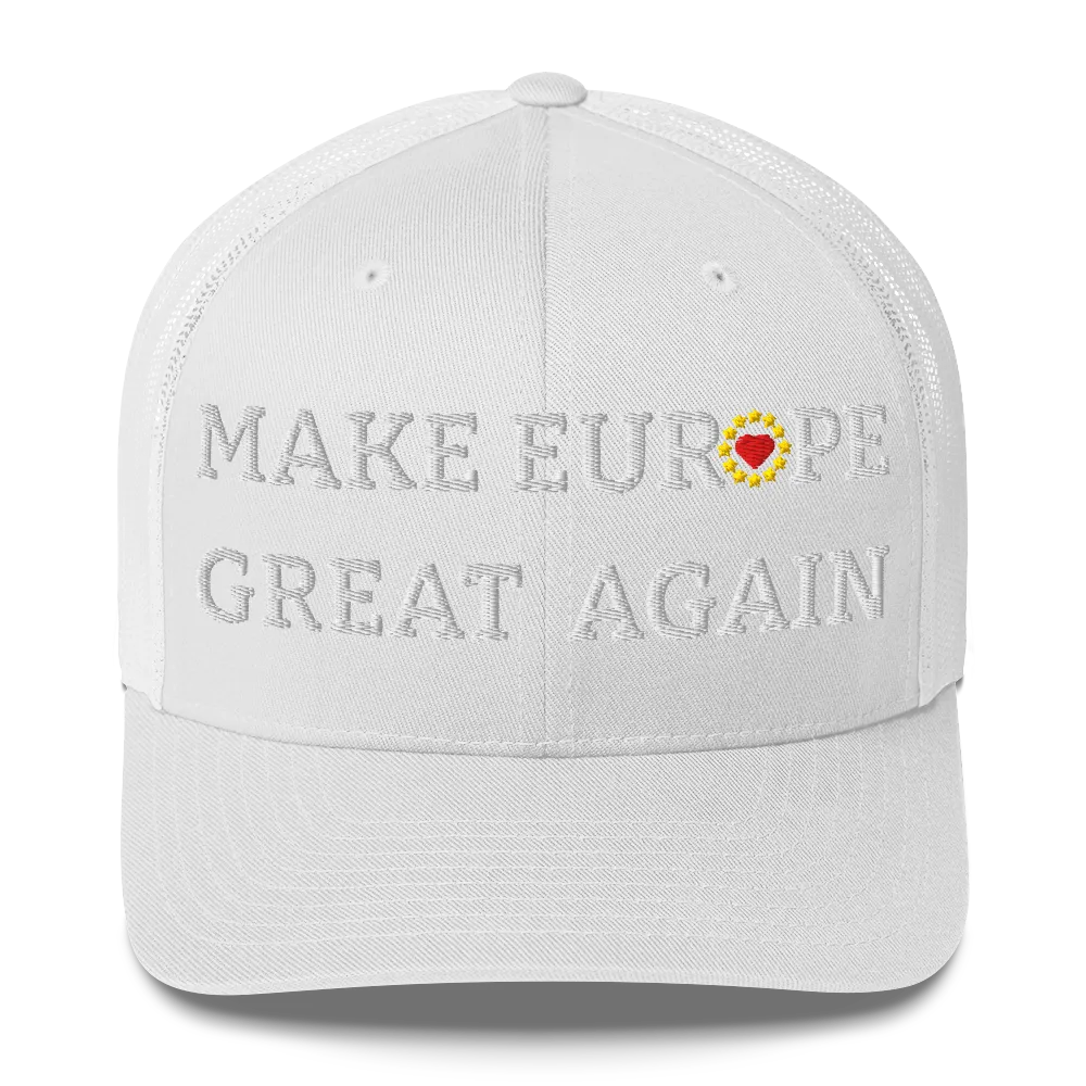 Monochrome White "Make Europe Great Again" / MEGA Trucker Cap with "Show the Love for EU" emblem in full color Front View