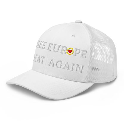 Monochrome White "Make Europe Great Again" / MEGA Trucker Cap with "Show the Love for EU" emblem in full color Left Front View