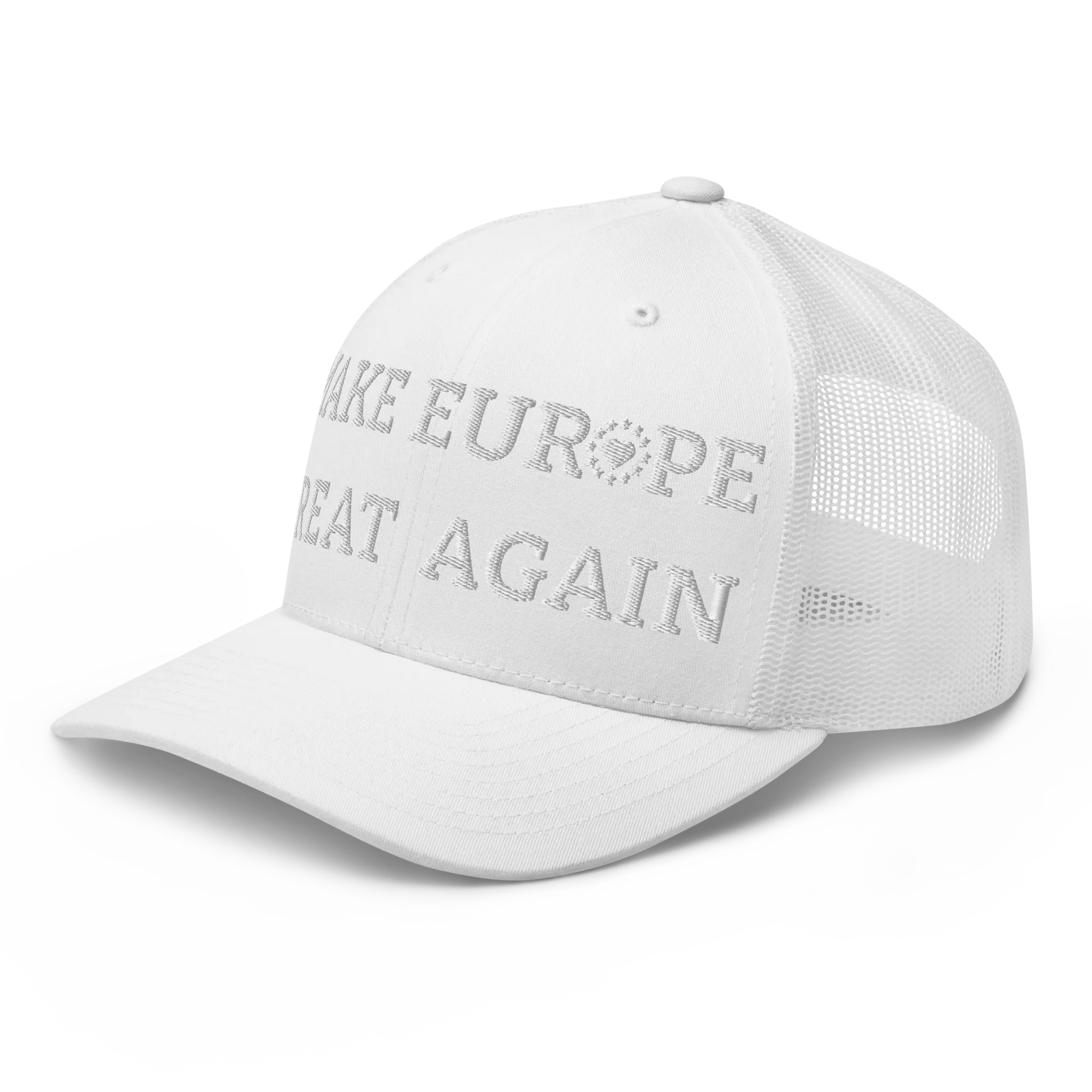 Monochrome White "Make Europe Great Again" / MEGA Trucker Cap with "Show the Love for EU" emblem Left Front View