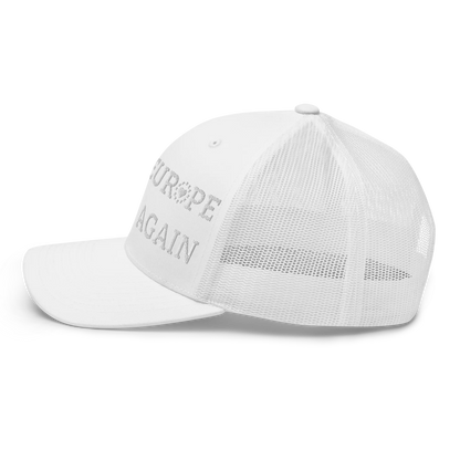 Monochrome White "Make Europe Great Again" / MEGA Trucker Cap with "Show the Love for EU" emblem Left View