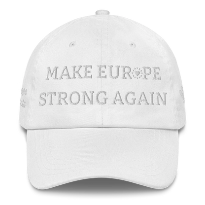Monochrome White "Make Europe Strong Again" / MESA Cap with "Show the Love for Europe" emblem Front View