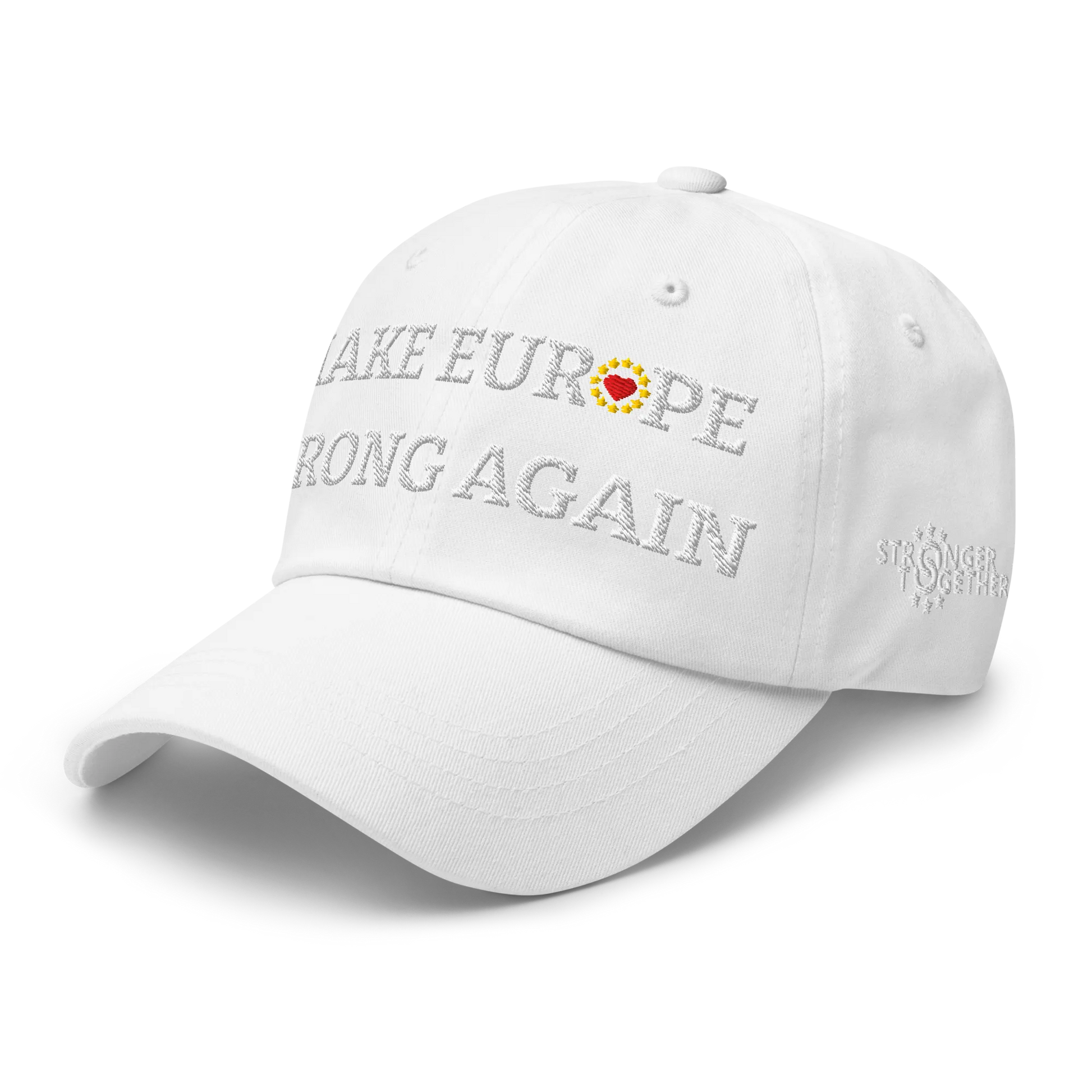 Monochrome White "Make Europe Strong Again" / MESA Cap with "Show the Love for Europe" emblem in full color Left Front View
