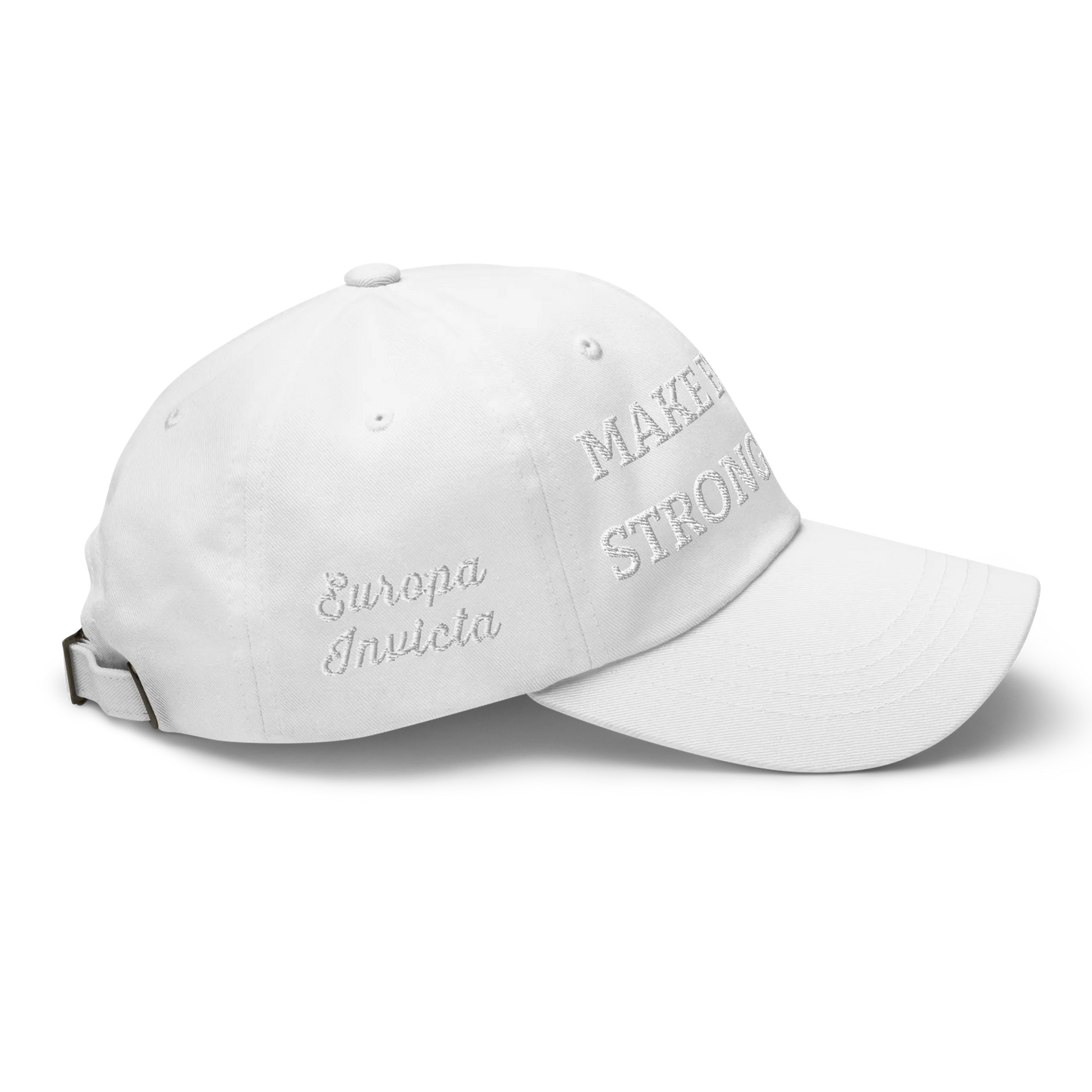 Monochrome White "Make Europe Strong Again" / MESA Cap with "Show the Love for Europe" emblem in full color Right View