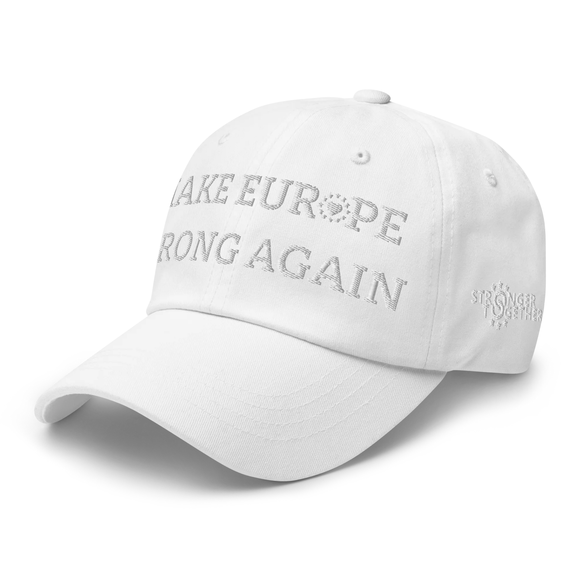 Monochrome White "Make Europe Strong Again" / MESA Cap with "Show the Love for Europe" emblem Left Front View