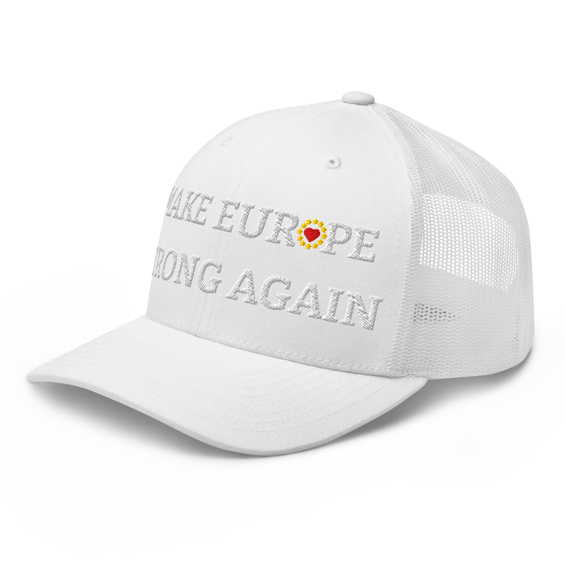 Monochrome White "Make Europe Strong Again" / MESA Trucker Cap with "Show the Love for Europe" emblem in full color Left Front View