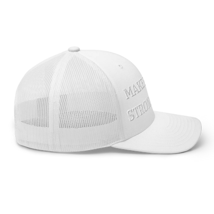 Monochrome White "Make Europe Strong Again" / MESA Trucker Cap with "Show the Love for Europe" emblem in full color Right View