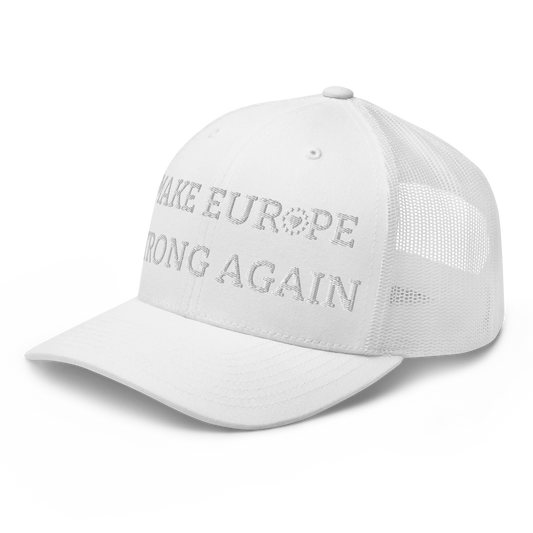Monochrome White "Make Europe Strong Again" / MESA Trucker Cap with "Show the Love for Europe" emblem Left Front View