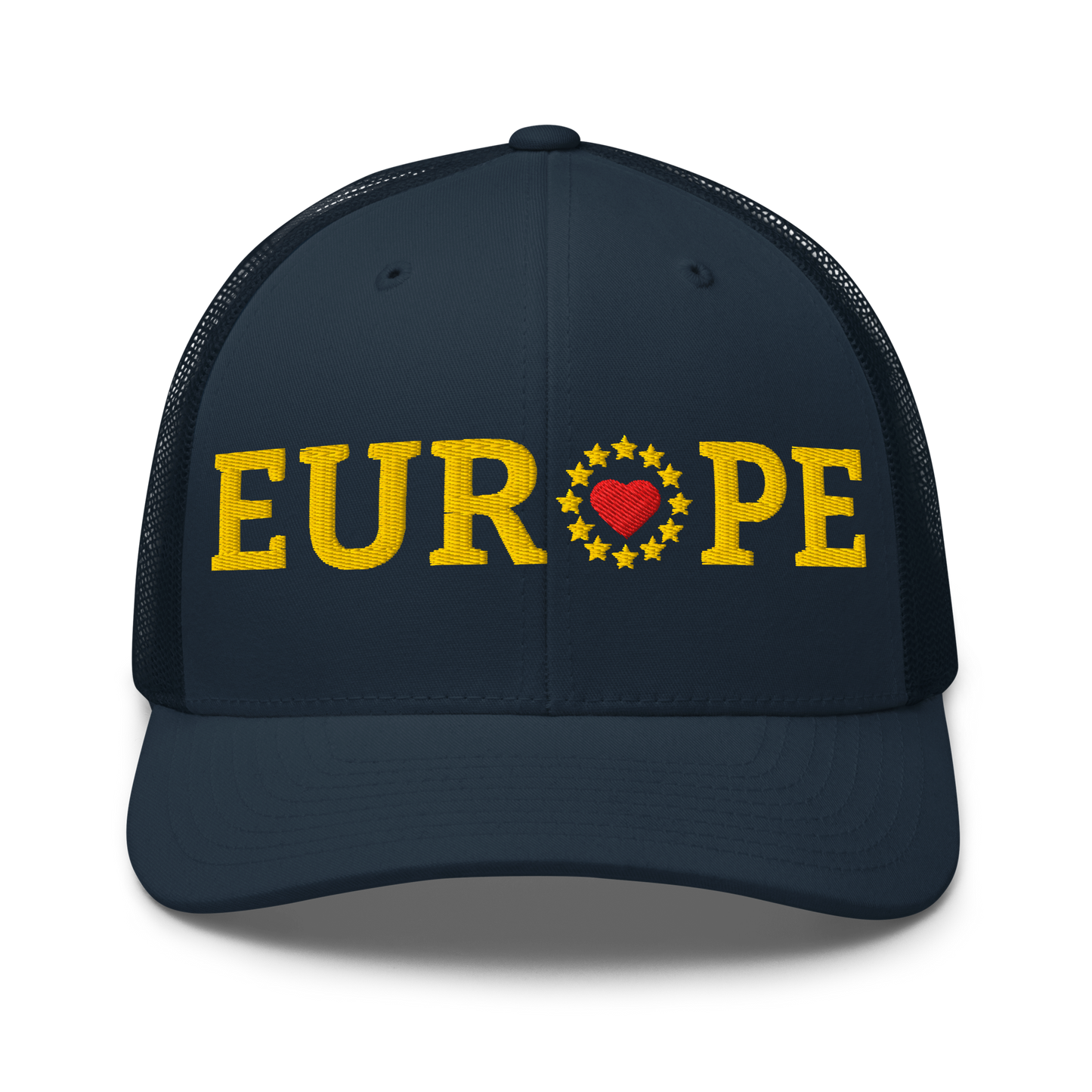 Navy Blue "EUROPE" Trucker Cap with "Show the Love for EU" emblem Front View