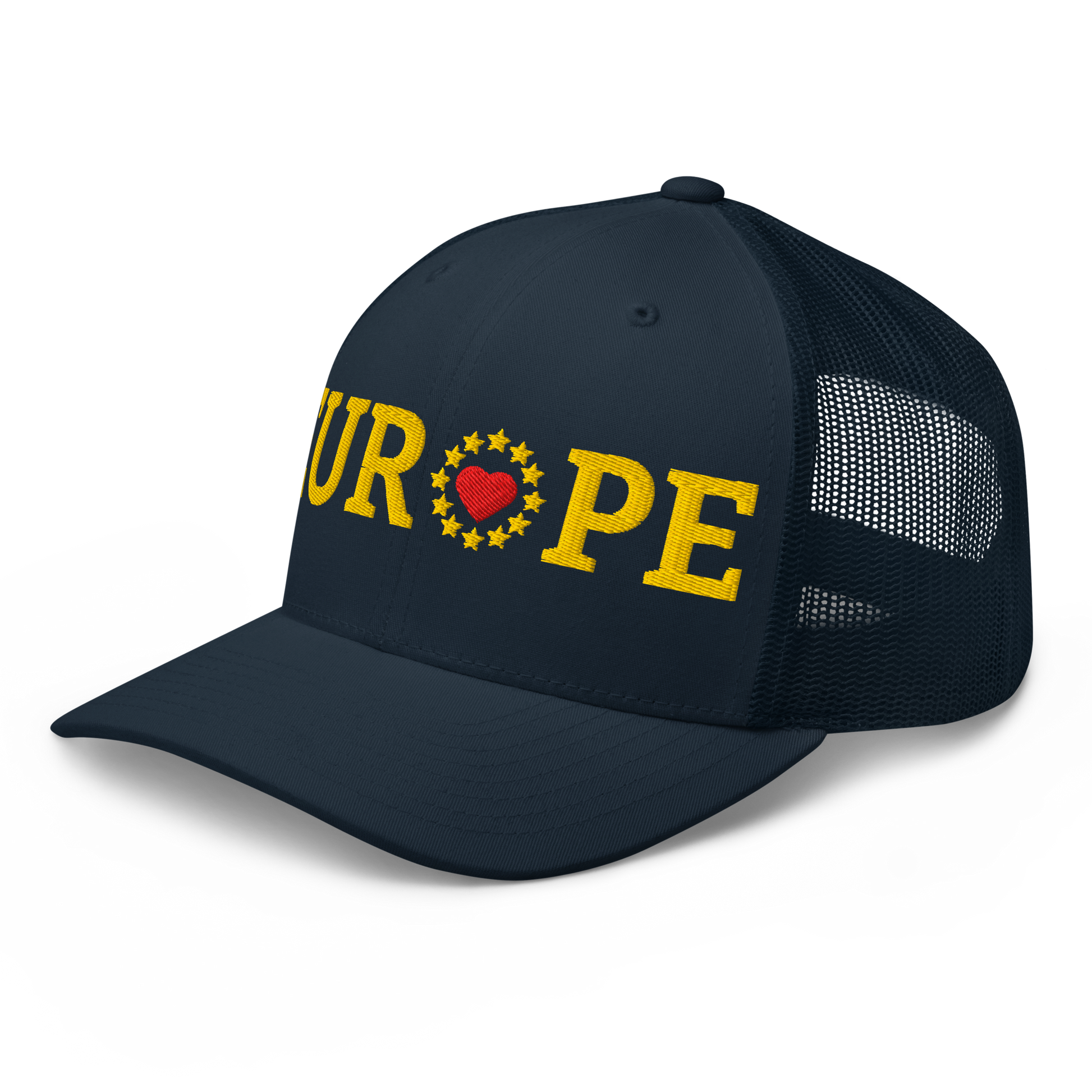 Navy Blue "EUROPE" Trucker Cap with "Show the Love for EU" emblem Left Front View