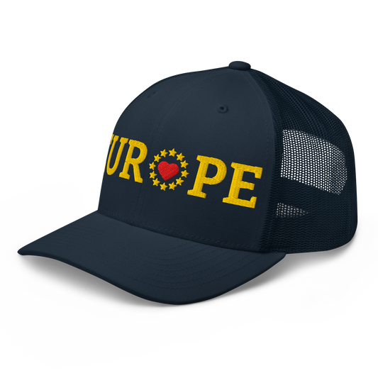 Navy Blue "EUROPE" Trucker Cap with "Show the Love for EU" emblem Left Front View