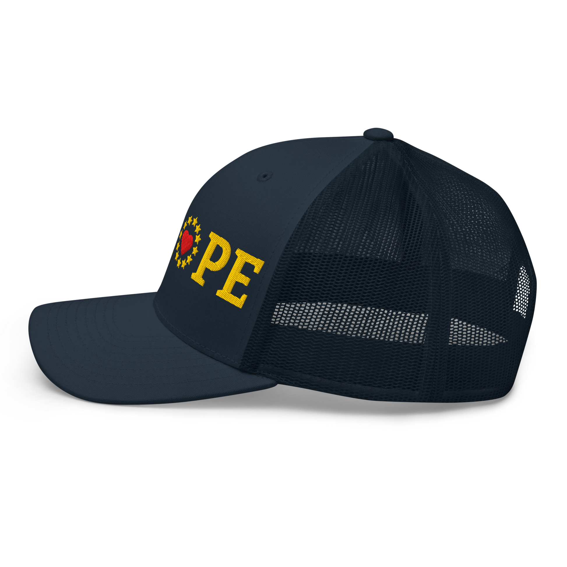 Navy Blue "EUROPE" Trucker Cap with "Show the Love for EU" emblem Left View