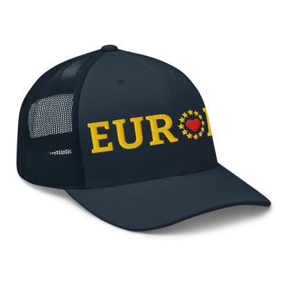 Navy Blue "EUROPE" Trucker Cap with "Show the Love for Europe" emblem Right Front View