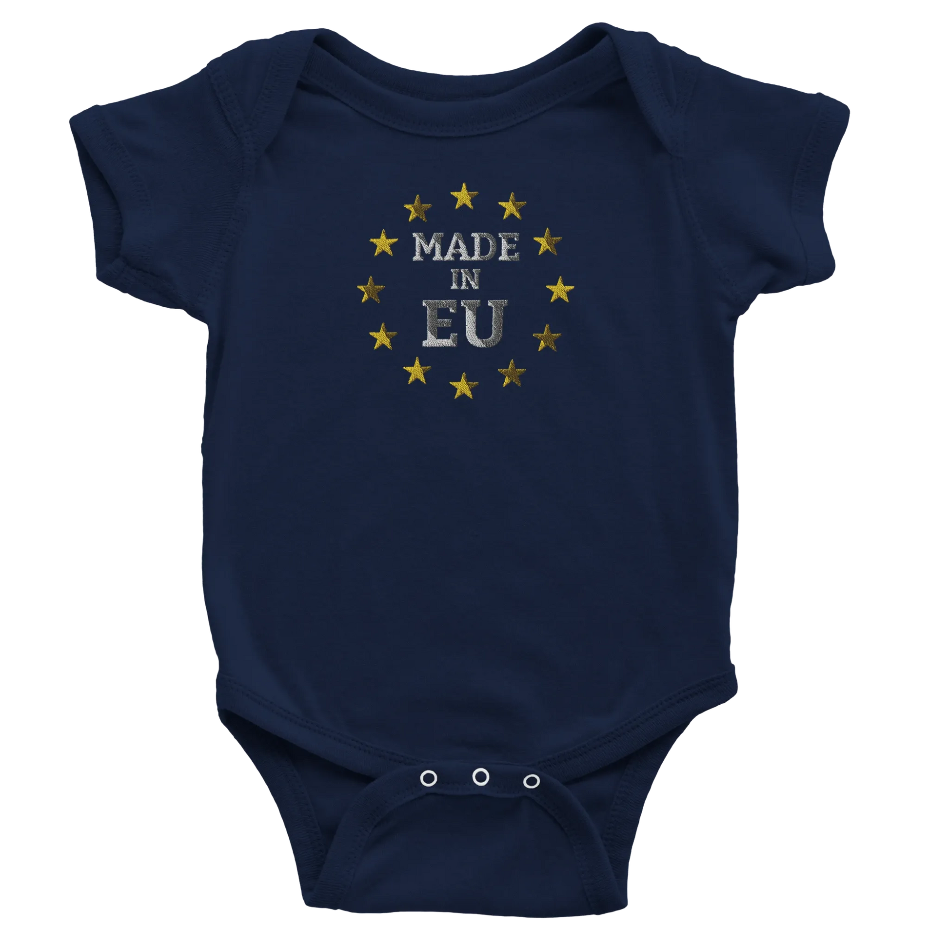 Navy Blue "Made in EU" Embroidered Baby Bodysuit Front View