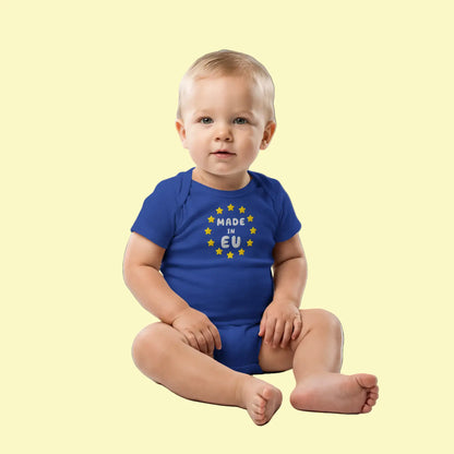 Navy Blue "Made in EU" Embroidered Baby Bodysuit on a Toddler Front View